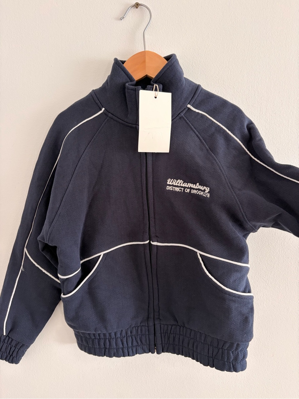 Zara Navy Zip-Up Kids Jacket with White Piping